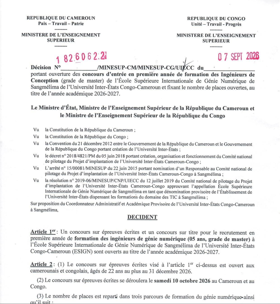 Concours d'entrée à l'ESIGN de Sangmélima : centres d'examen et planning des épreuves